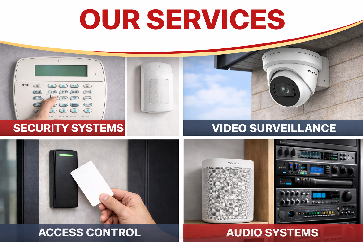A collage showing security systems, video surveillance, access control, and audio systems, with text labels for each category.
