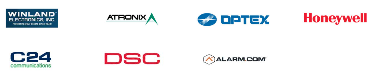 Logo collage of various security and electronics companies including Winland Electronics, AtroniX, Optex, Honeywell, C24 Communications, DSC, and Alarm.com.