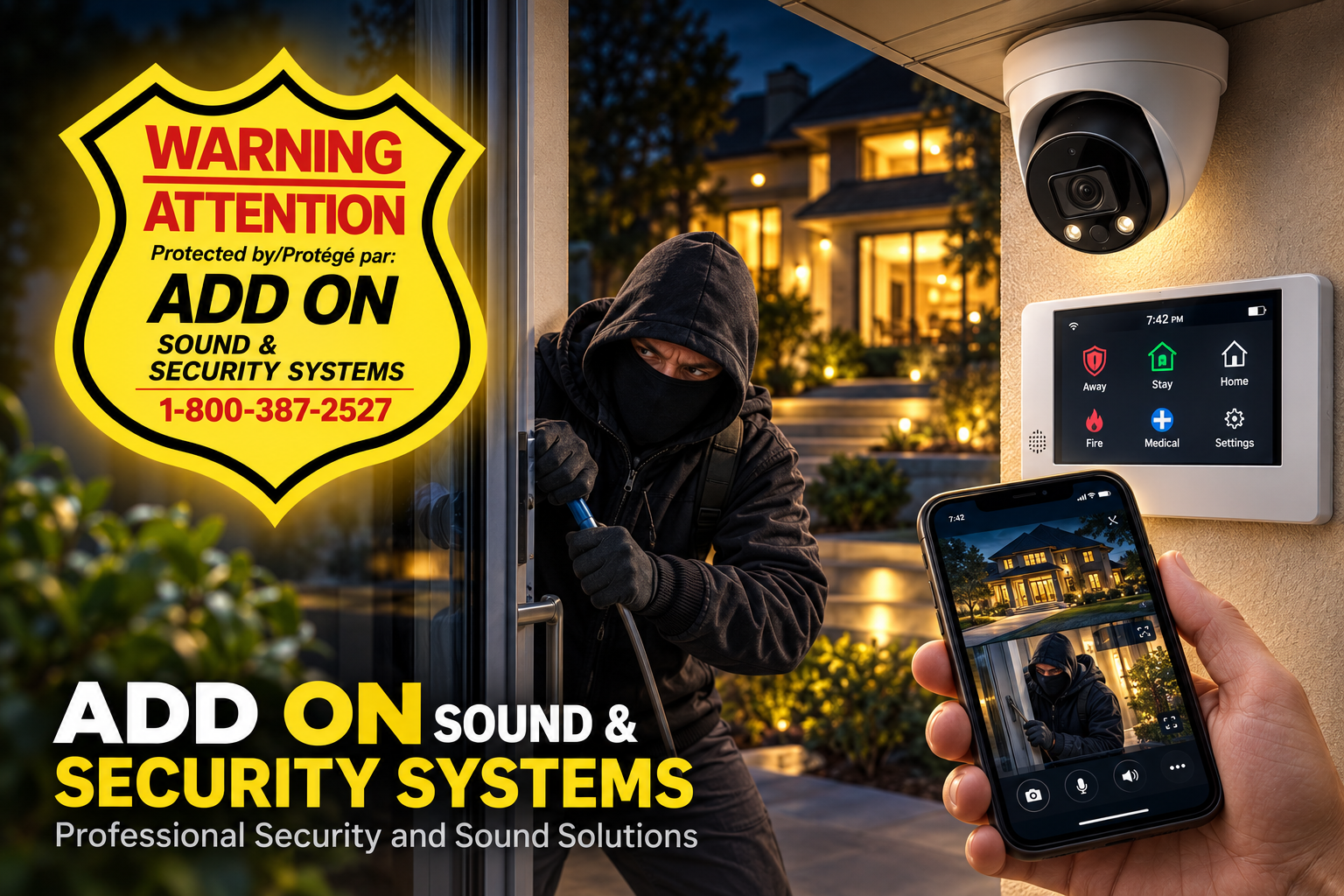Home security system with surveillance camera, alarm keypad and mobile monitoring protecting a home from a break-in.