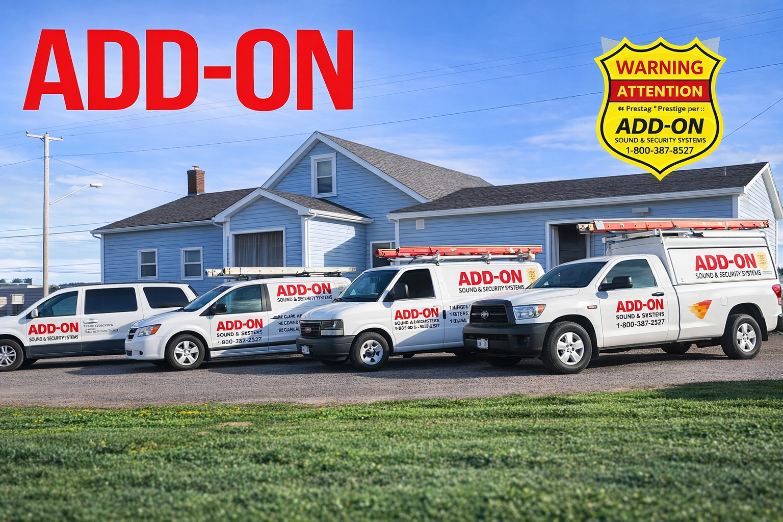 Multiple vehicles with 'ADD-ON Sound & Security Systems' branding parked in front of a house, with a large red and yellow warning sign promoting add-on sound and security systems.