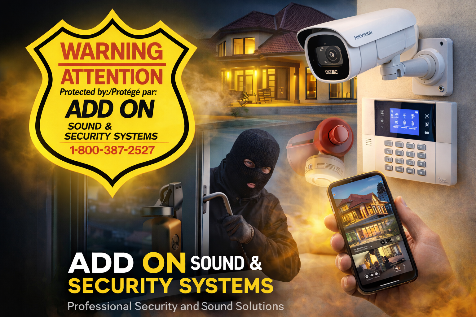 A burglar wearing a ski mask is attempting to break into a house at night. The scene shows various security and sound system devices, including a security camera, an alarm control panel, and a phone displaying a home security app. A large warning sign indicates the importance of security systems and provides a contact number.
