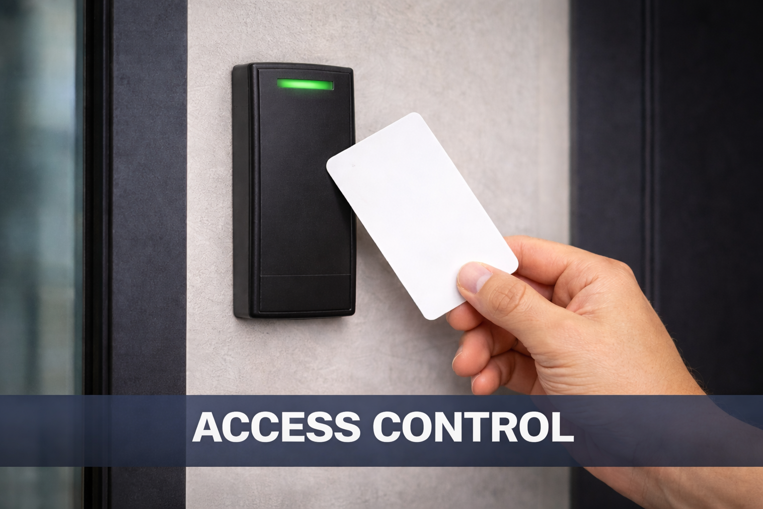 Person holding a white access card approaching an electronic access control device with a green light.