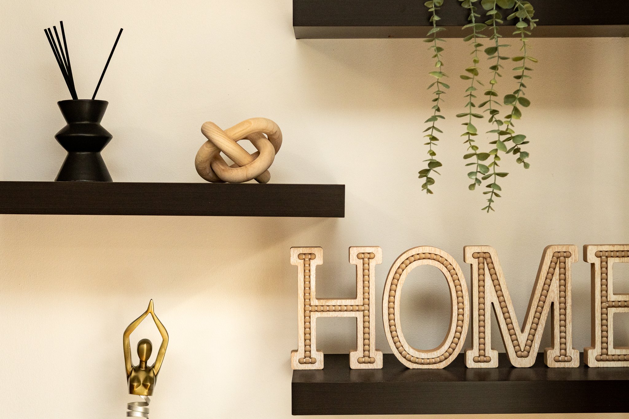 Decorative black vase with reed diffuser, wooden knot sculpture, green hanging plant, and illuminated wooden 