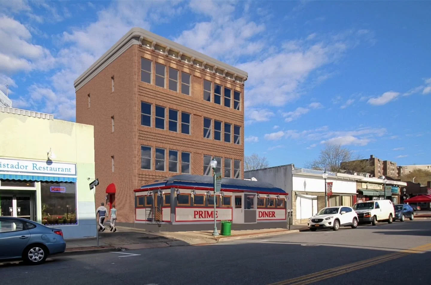 This infill mixed-use redevelopment within the Historic District of Peekskill preserves an iconic mid-century diner while introducing a new four-story addition that expands restaurant operations and adds modern residential units above. The design ret
