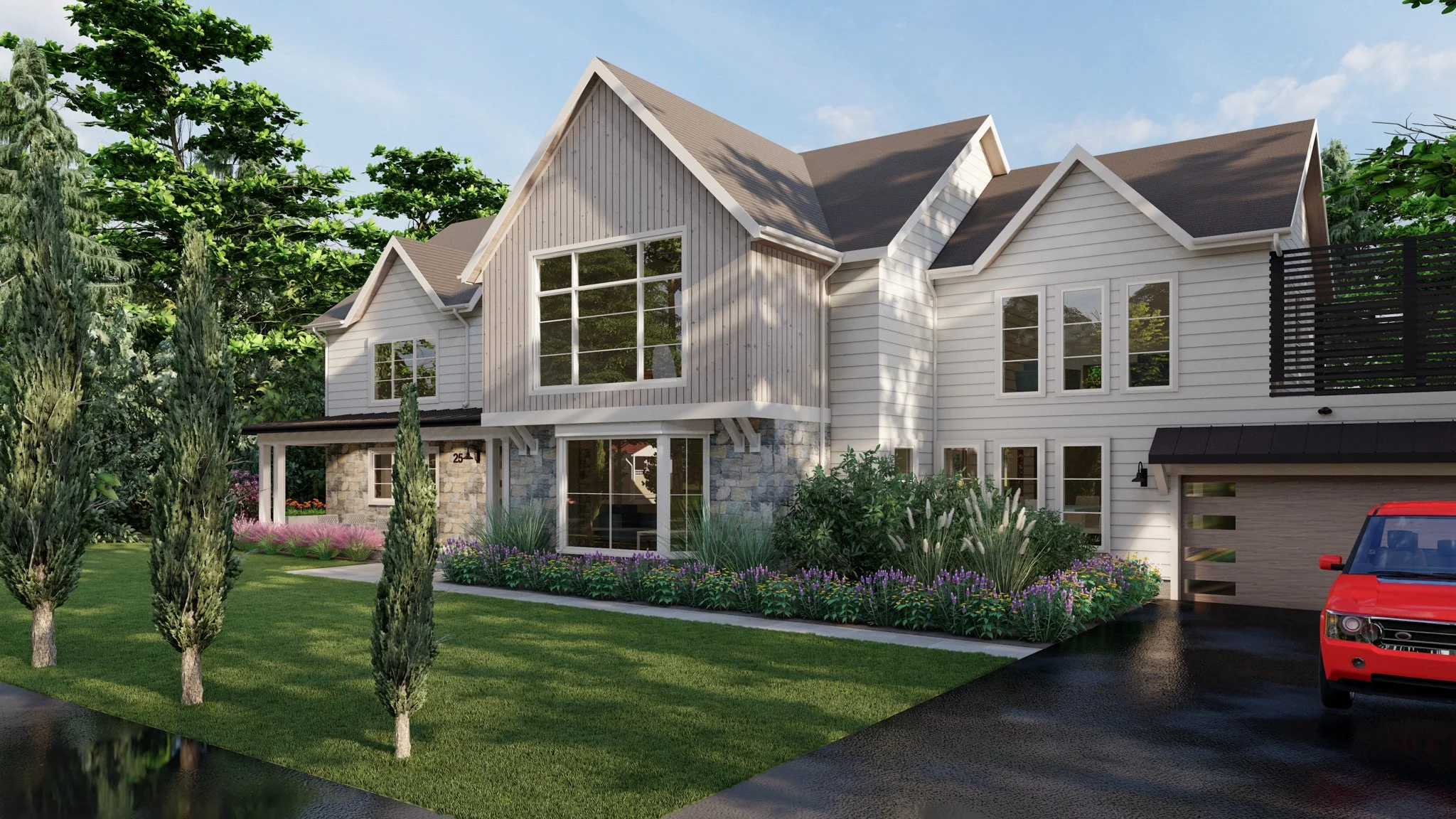 This comprehensive renovation expands an existing single-story residence into a two-story home through the addition of a full second level, a welcoming front porch, and a complete reconfiguration of the first-floor layout. The exterior composition bl