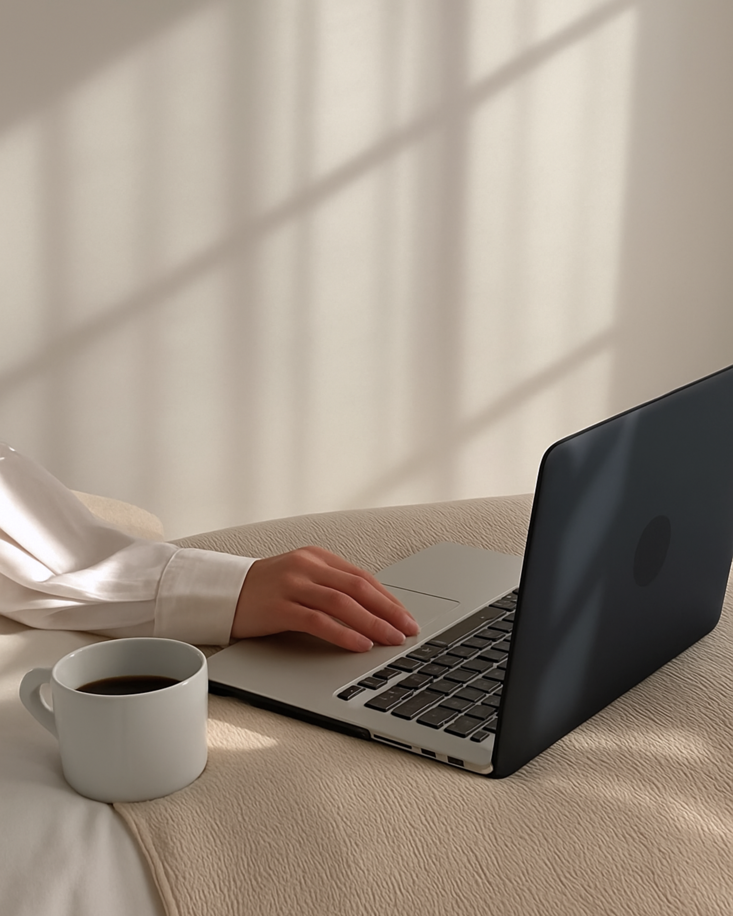 Person working on a laptop with a cup of coffee nearby on a bed in a softly lit room.