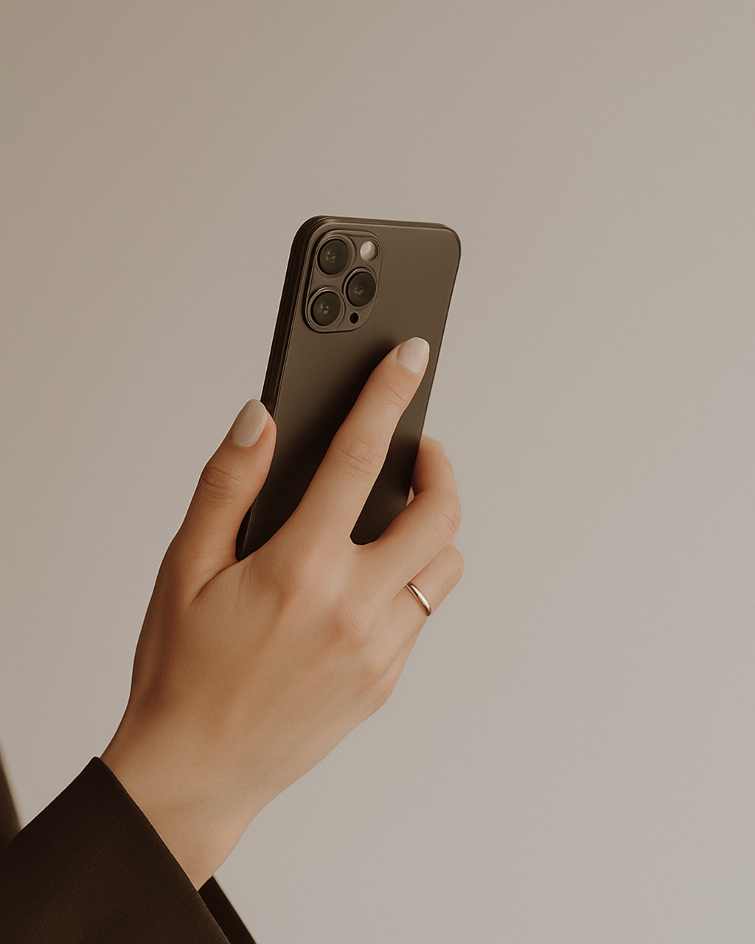A person holding a smartphone with three camera lenses on the back, against a plain beige background.