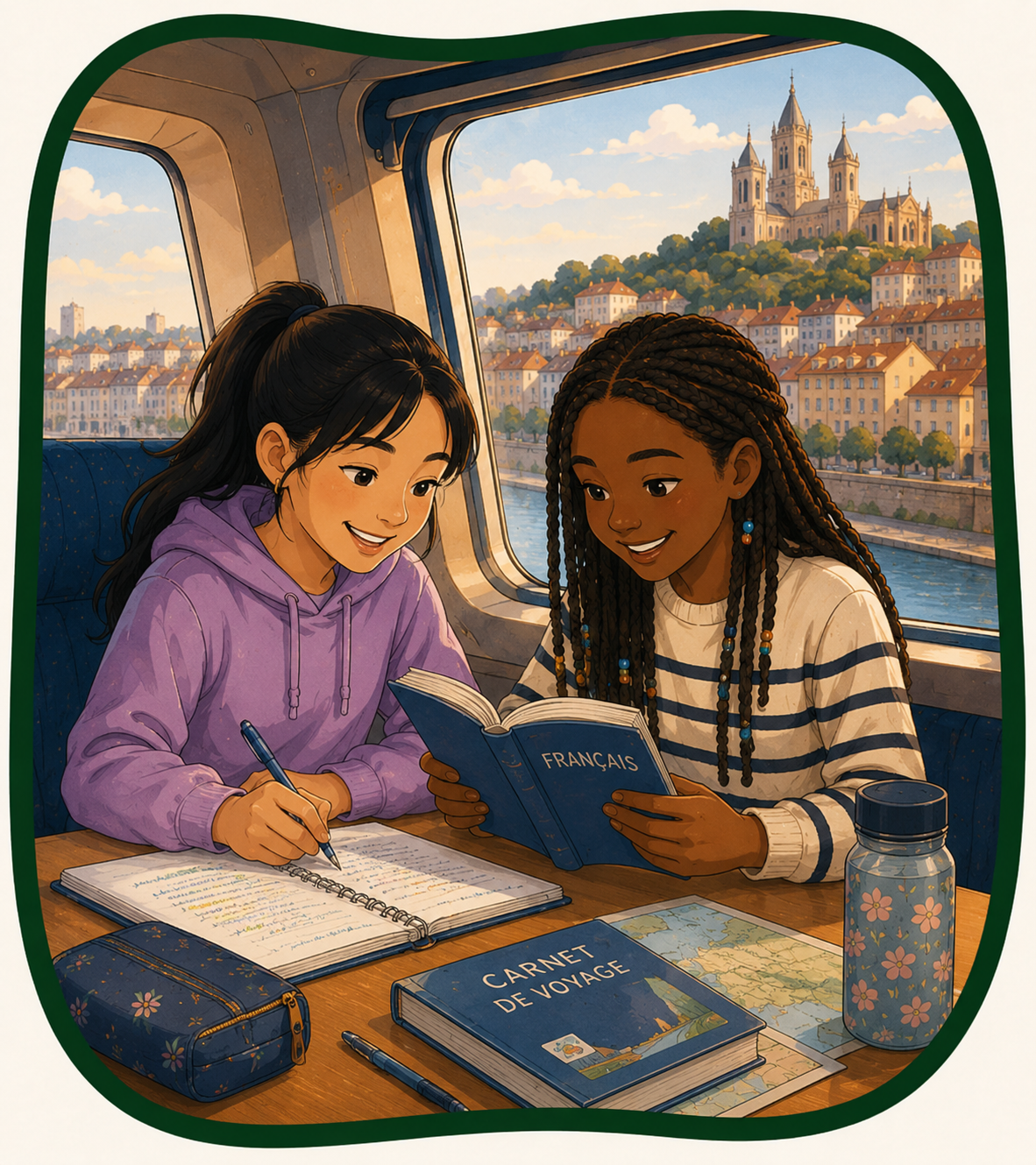 Deux jeunes filles étudient avec des livres de français et un carnet de voyage dans un train en France, avec une vue sur une ville avec une cathédrale en arrière-plan.