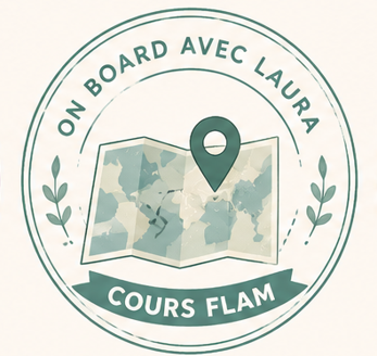 Logo circulaire avec une carte du monde, une épingle de localisation, et le texte 'On board avec Laura' et 'Cours FLAM'