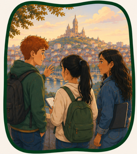 Trois adolescents avec des sacs à dos et un cahier en regardant une ville avec un château en sommet de colline au coucher du soleil.