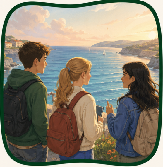 Trois jeunes femmes avec des sacs à dos discutent près de la mer, avec une vue sur des falaises, une rivière, et un bateau à voiles au loin, au coucher du soleil.