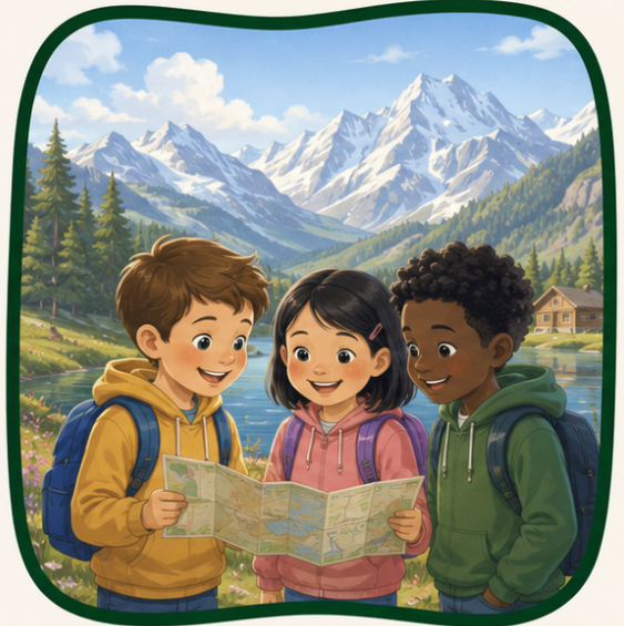 Trois enfants avec des sacs à dos regardant une carte, dans un paysage montagneux avec un lac, des sapins, des montagnes enneigées et une maison en bois.
