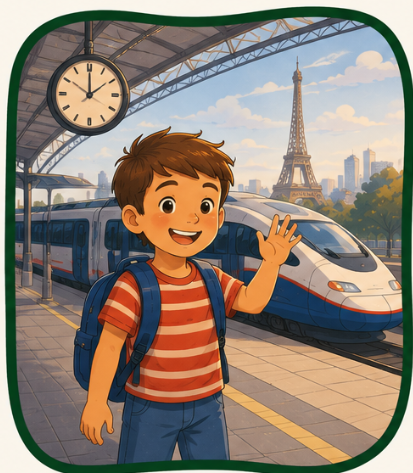 Un garçon souriant saluant à la gare avec la Tour Eiffel en arrière-plan, un train à grande vitesse prêt à partir, et une horloge indiquant 10 heures.