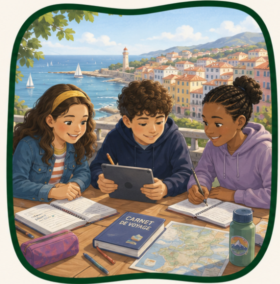 Trois enfants étudient ensemble à une table en plein air avec vue sur la mer et un port. Ils ont des cahiers, des livres et une bouteille d'eau.