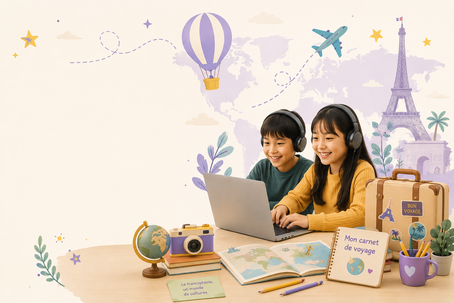 Deux enfants regardent un ordinateur portable, entourés d'objets de voyage comme une globe terrestre, un carnet de voyage, une valise avec un badge 'Bon Voyage', et des accessoires de voyage. Le fond présente une carte du monde, la Tour Eiffel, montgolfière et avion, évoquant le thème du voyage et de la découverte.