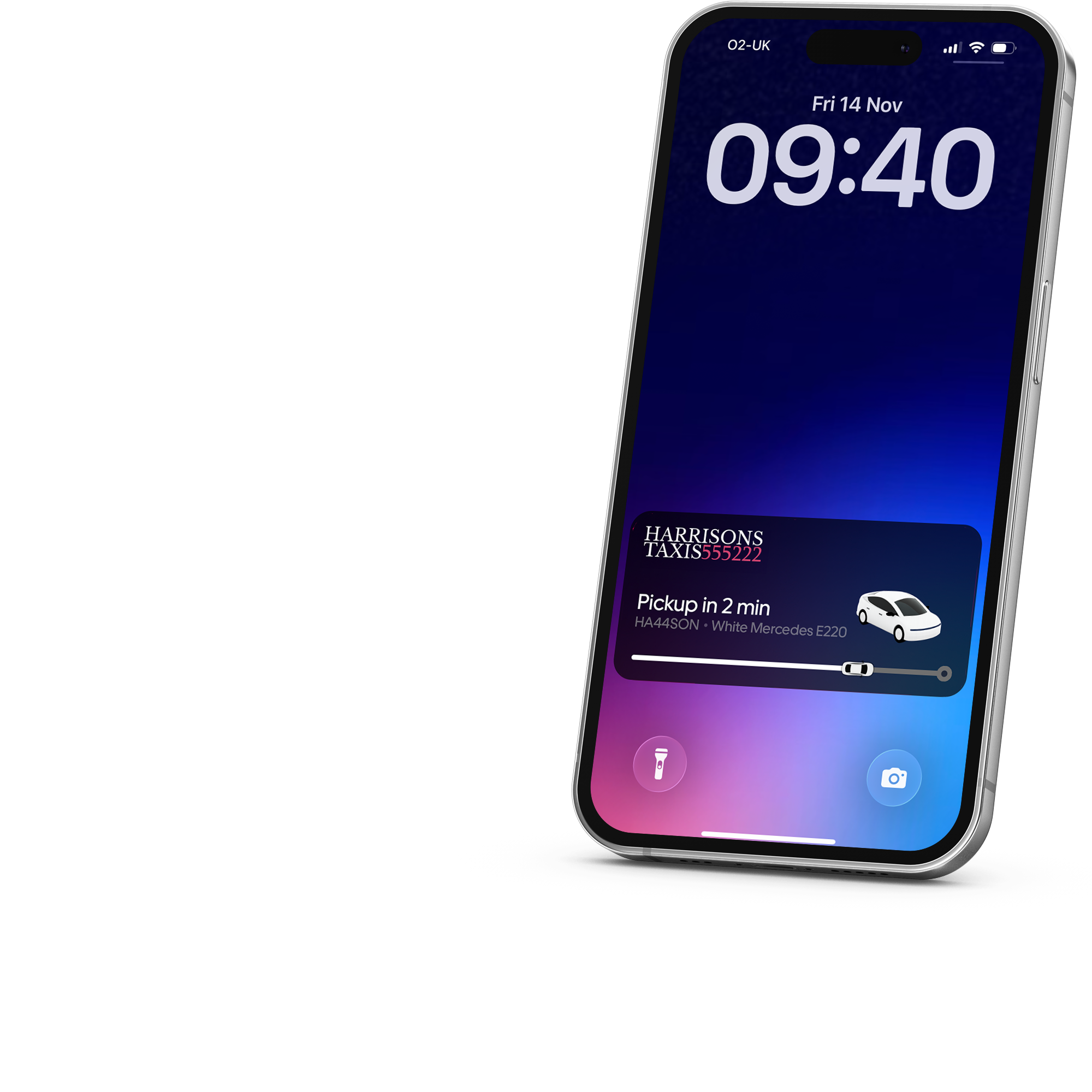 Smartphone screen showing notification for Harrisons Taxis, indicating a pickup in 2 minutes for a white Mercedes E220