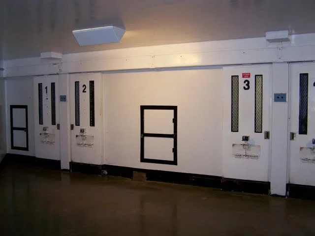 This is the Death Watch section. Each cell contains a security camera that monitors the prisoners. These were put in place after an inmate slit his own throat the night before his execution. They want to prevent the inmate from killing himself so tha