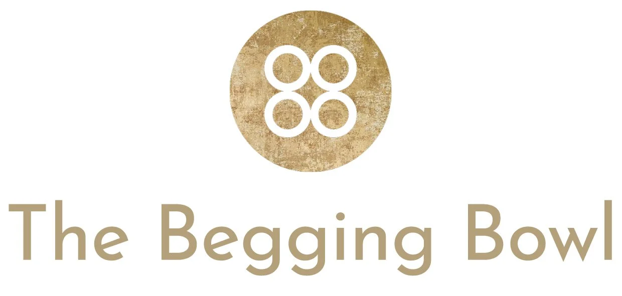 Logo featuring four white circles arranged in a square within a textured gold circle, with the text "The Begging Bowl" in beige below.