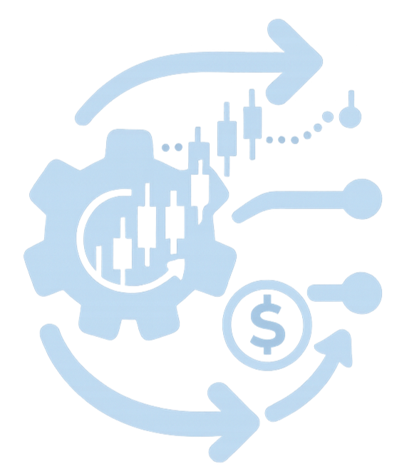 Icono de un engranaje con gráficos de barras y líneas, flechas circulares y un símbolo de dólar, representando análisis financiero o automatización de procesos con enfoque en dinero.