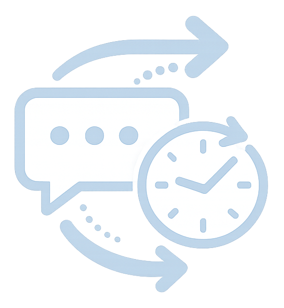 Iconos de burbuja de chat, reloj y flechas circulares representando comunicación, tiempo y ciclo de mensajes.