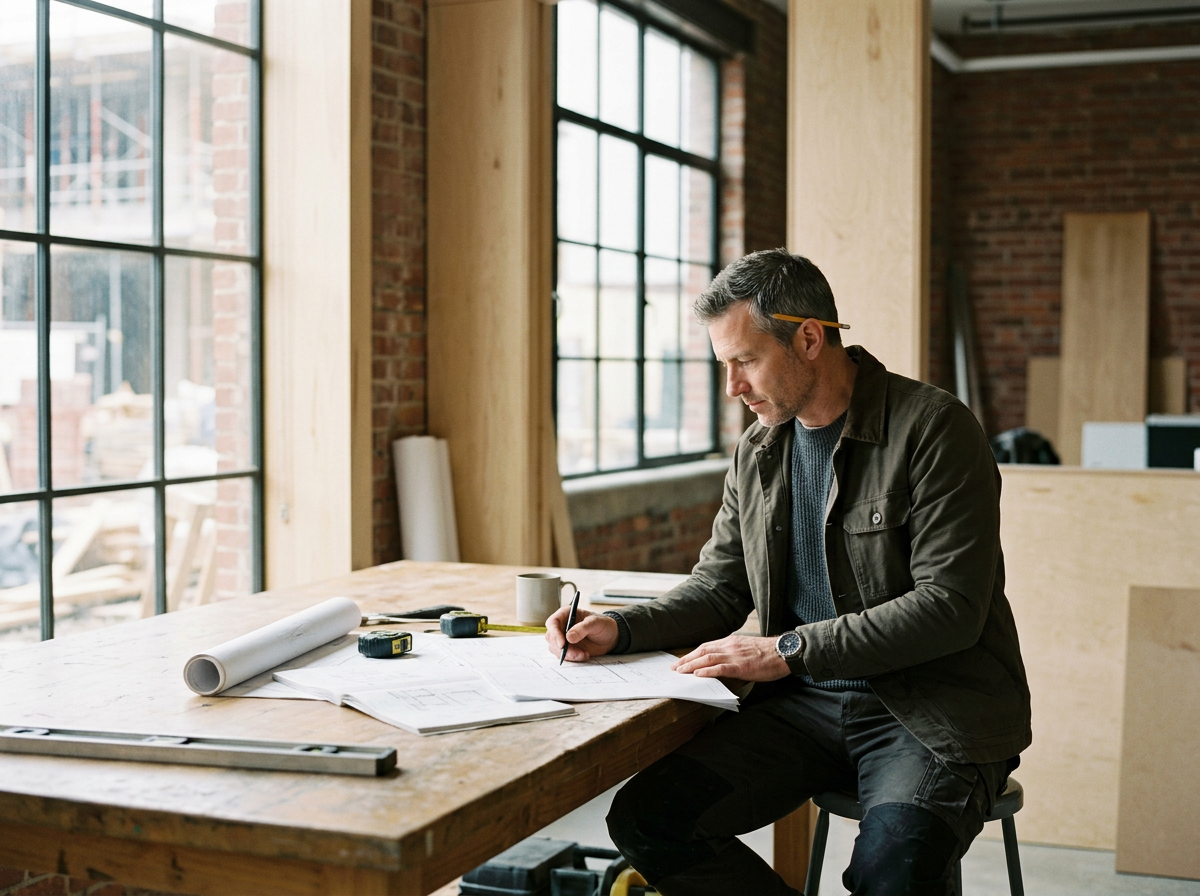 Contractor business owner reviewing plans at a work table on the job site