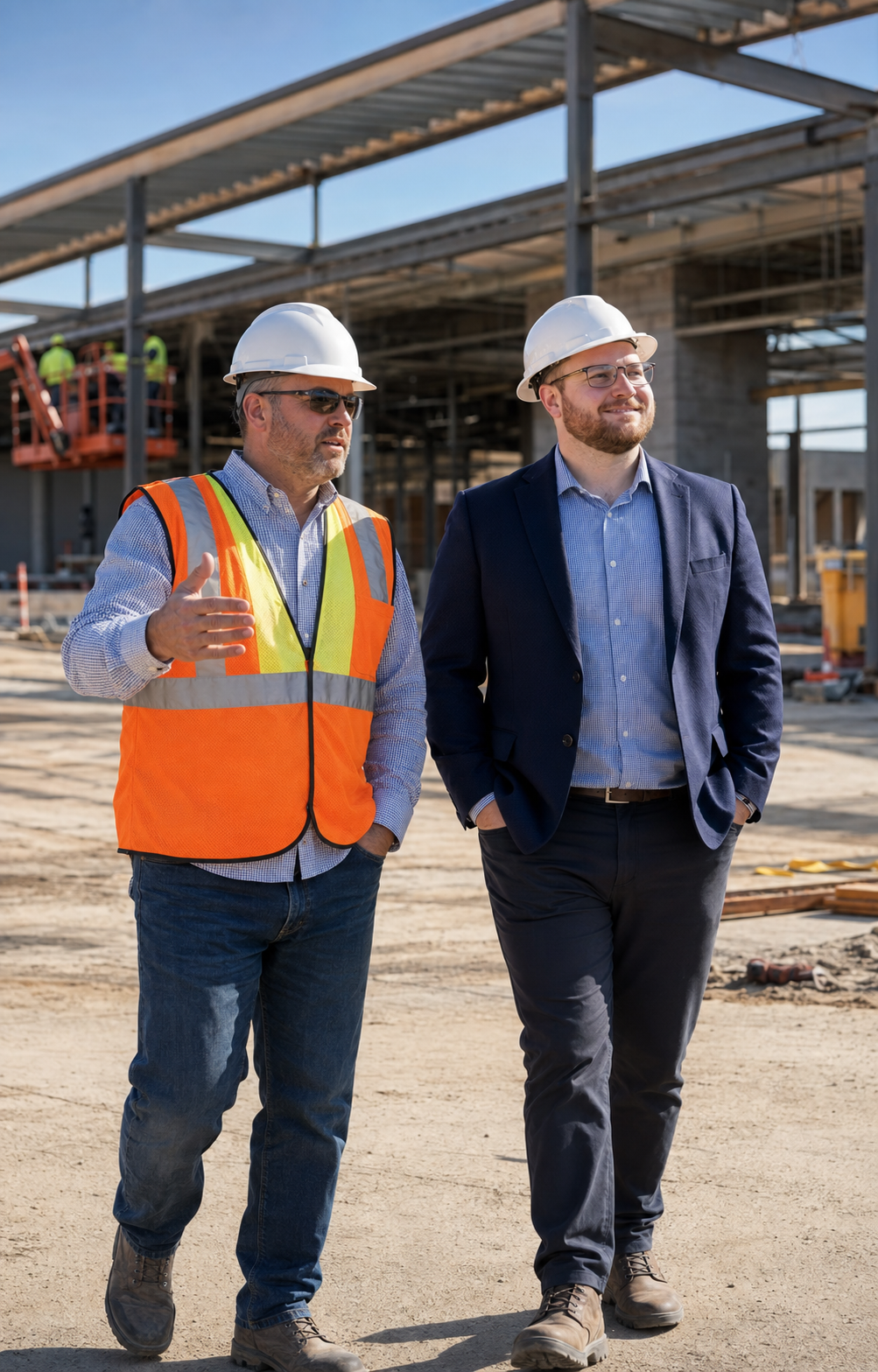 Logan and Contractor walking site