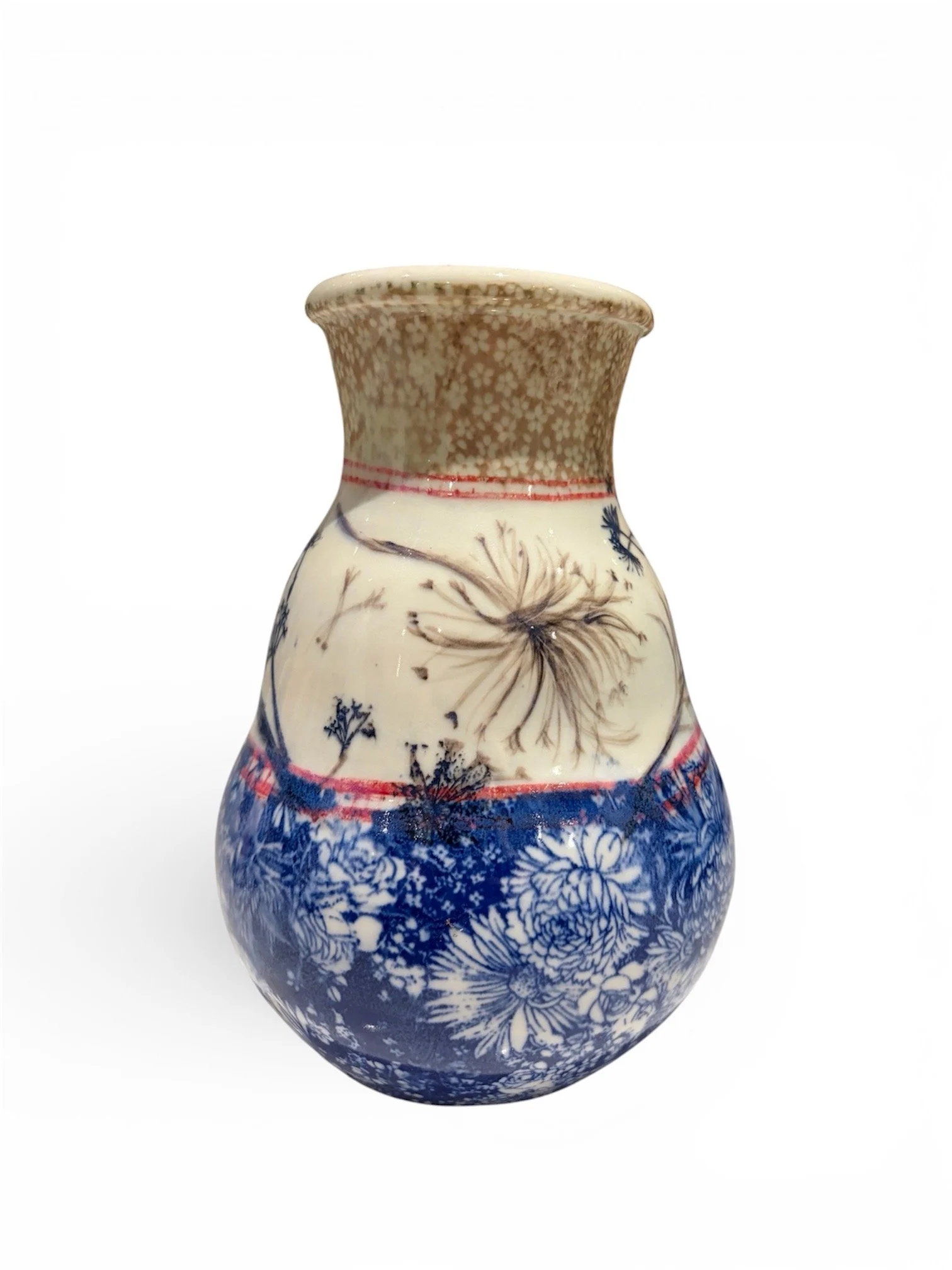 Decorative ceramic vase with floral and botanical patterns in blue, cream, and brown colors.