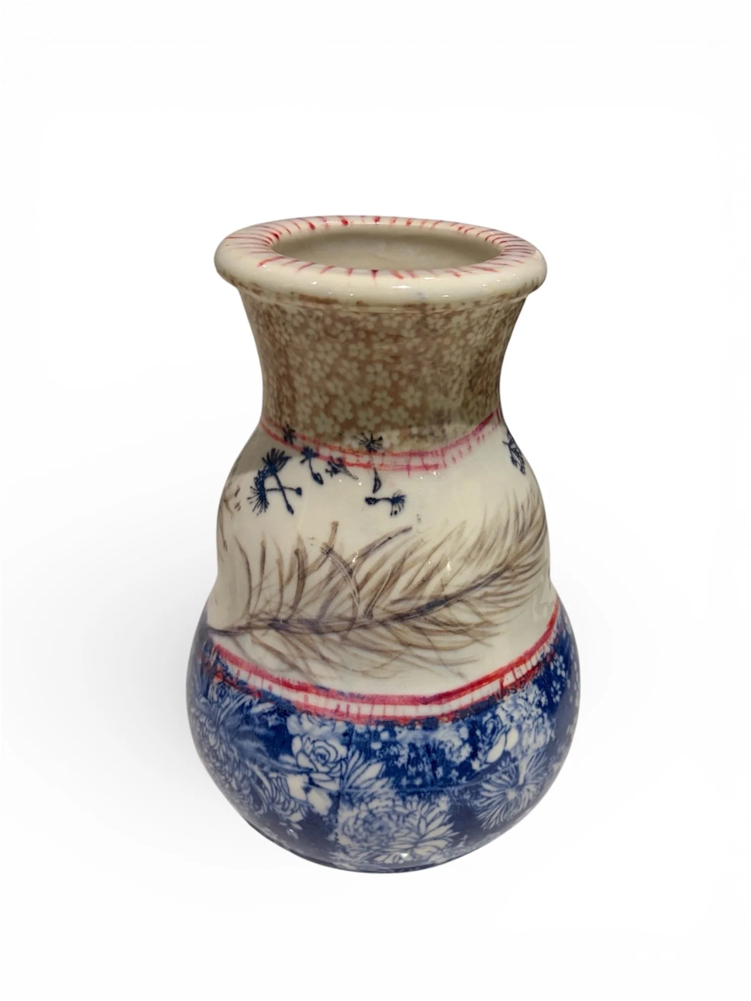 Decorative ceramic vase with floral, grass, and bird patterns in cream, brown, red, and blue colors.