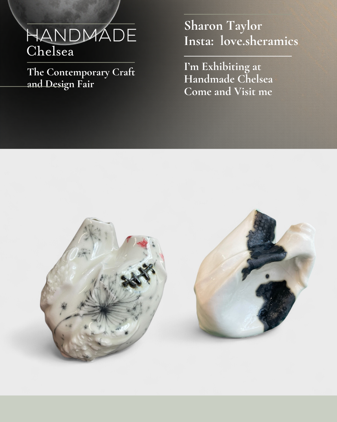 Poster for Handmade Chelsea craft fair with pottery art pieces and exhibition details.