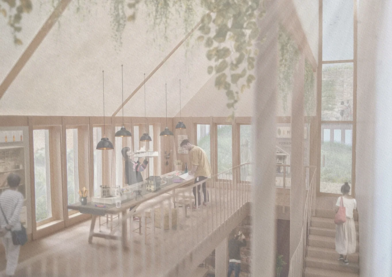 Interior of a first floor timber lined exhibition space with hanging plants and views over a garden