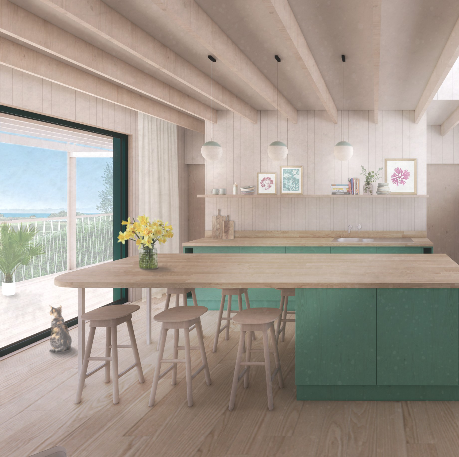 Modern timber kitchen design with sea views