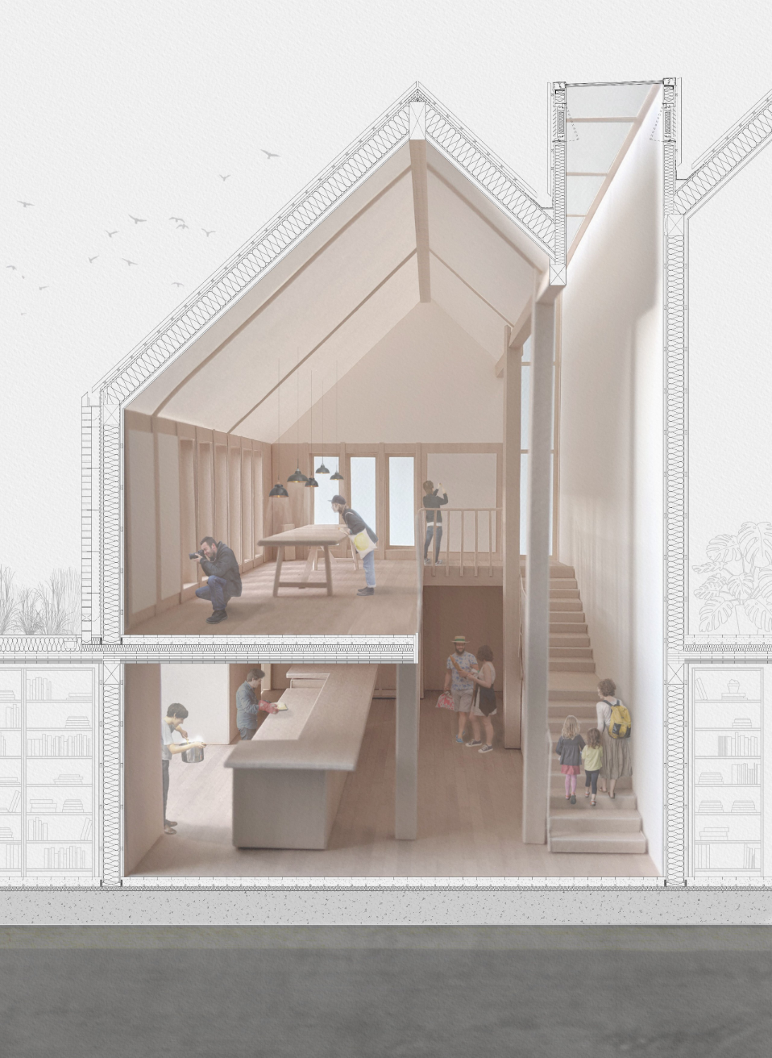 Cross section through a pitched roof building showing the interior within
