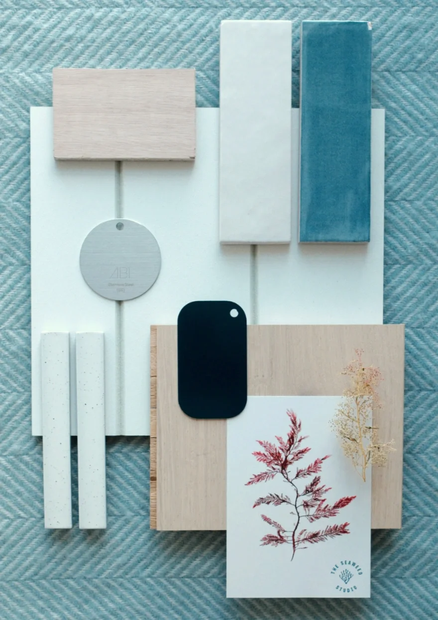 Material palette for a blue, white and timber themed coastal interior
