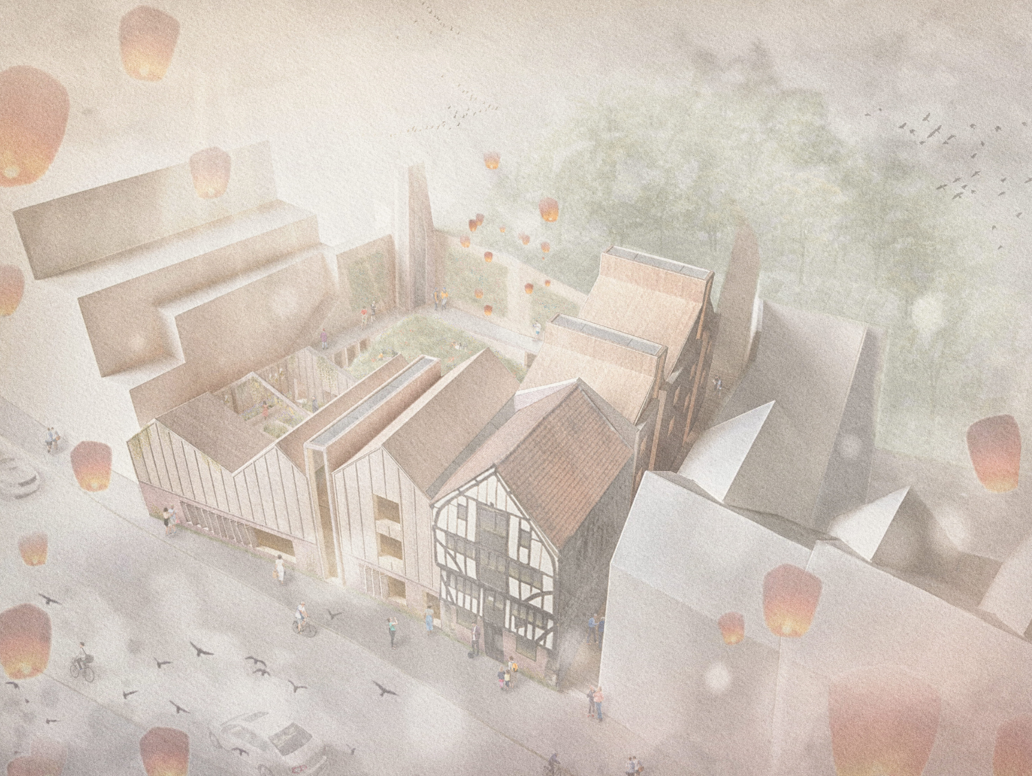 Collection of historic and modern timber buildings located side by side along a street