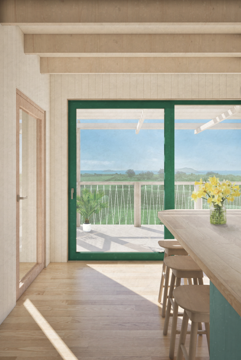Looking over coastal views through a green framed window from a modern timber kitchen