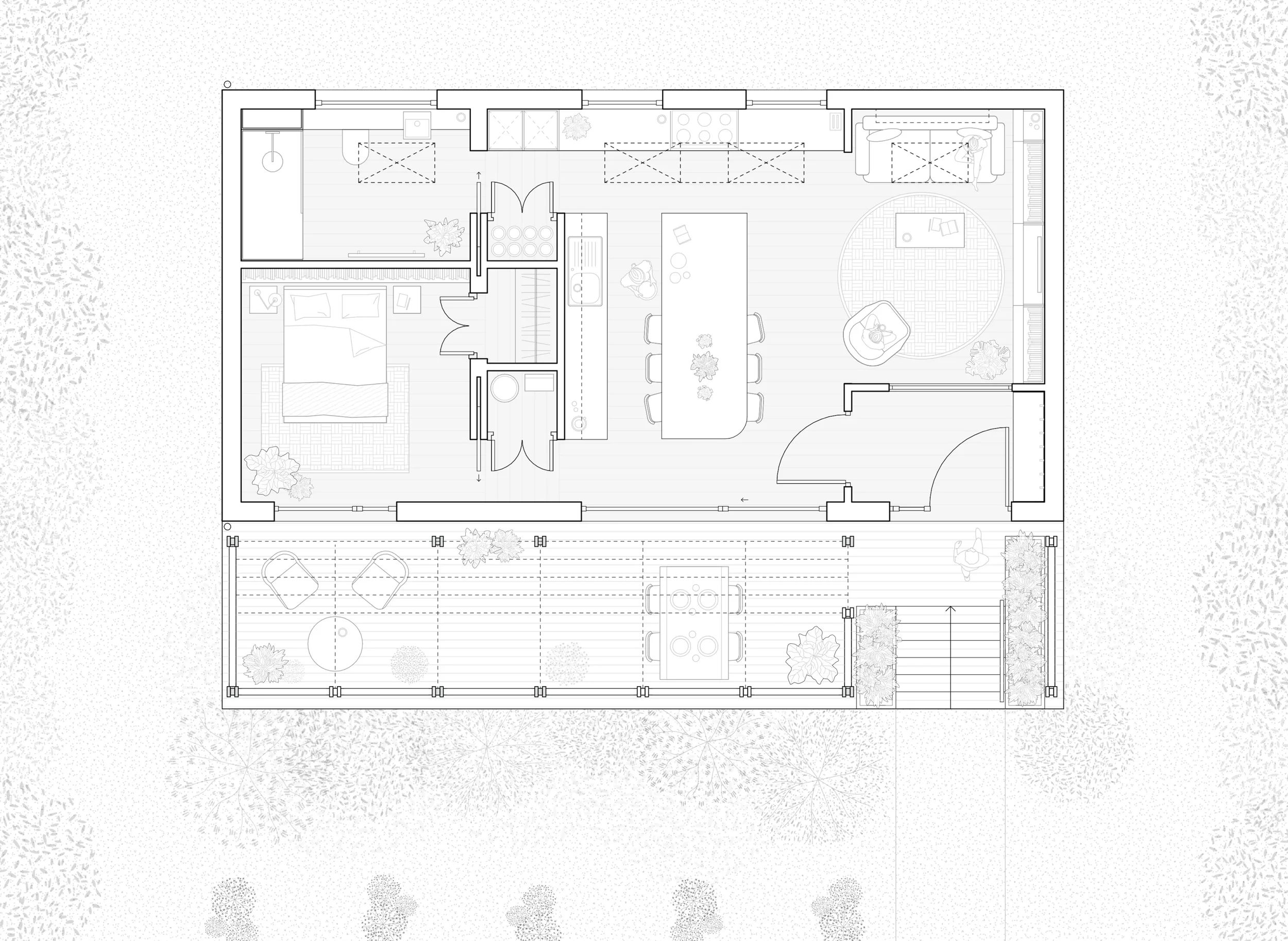 Black and white plan drawing of a one bedroom micro home on an off grid site