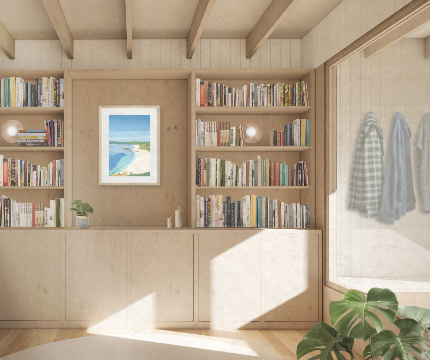 Bespoke timber joinery and colourful bookshelves within a modern country home