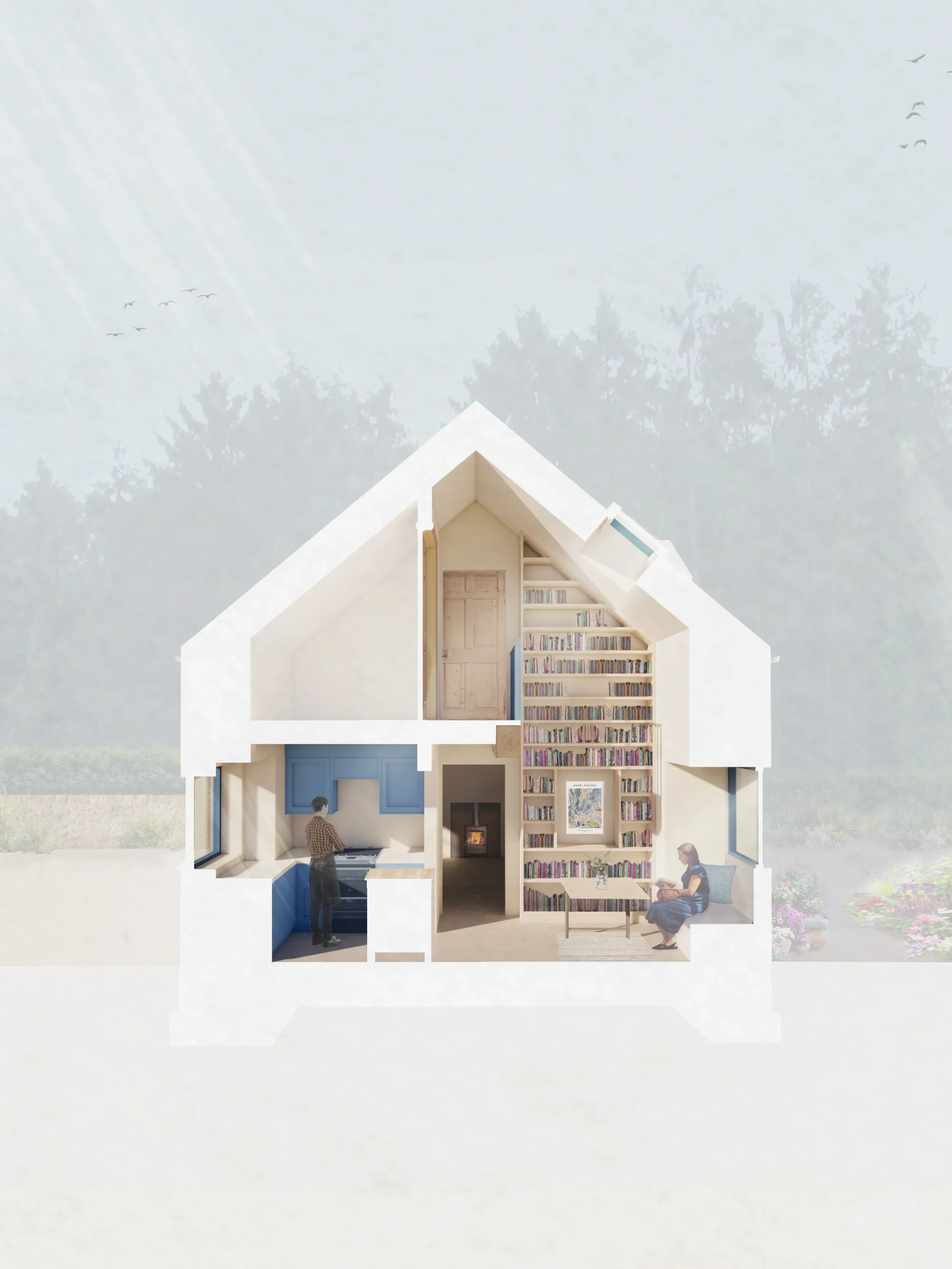 Cross section view through a converted barn showing a blue kitchen, floor to ceiling bookcase and cosy interior design