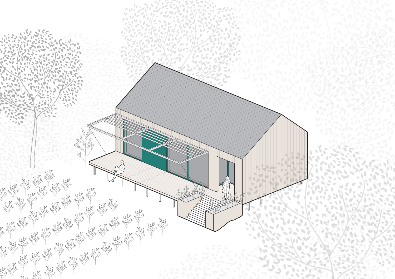 Drawing of a pitched roof building with feature canopy and raised deck