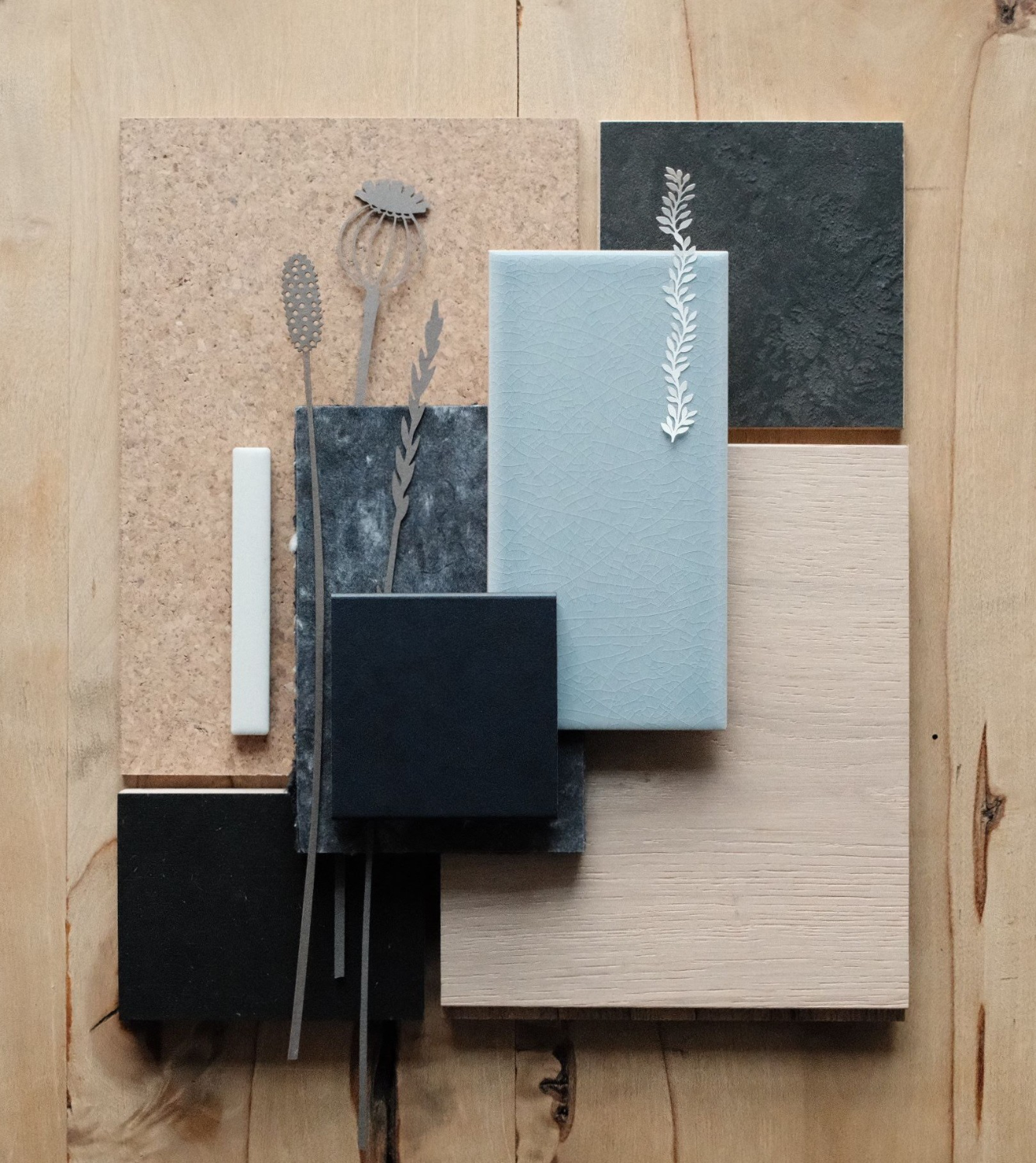 Material palette for an interior of blues and natural shades