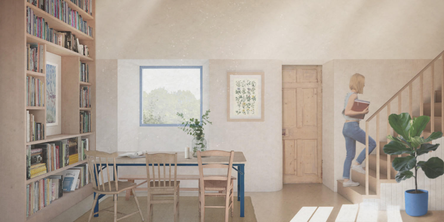 Family dining table with large feature bookcase overlooking a garden