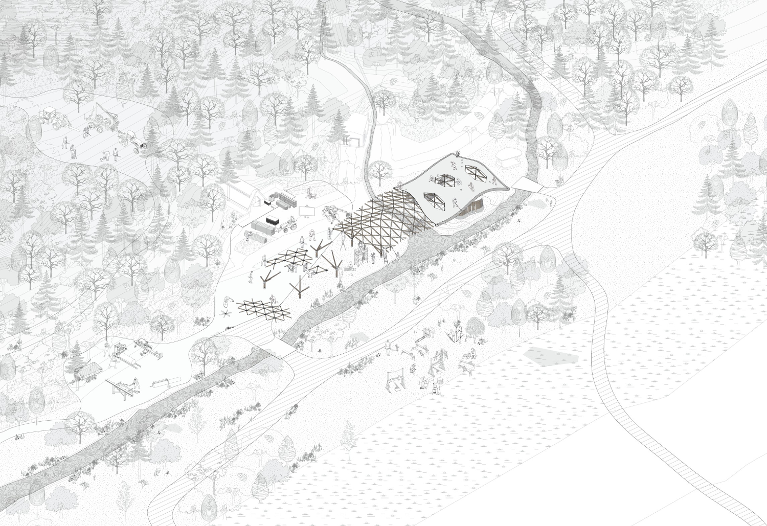 Diagrammatic drawing of a curved timber structure being constructed on an off grid site