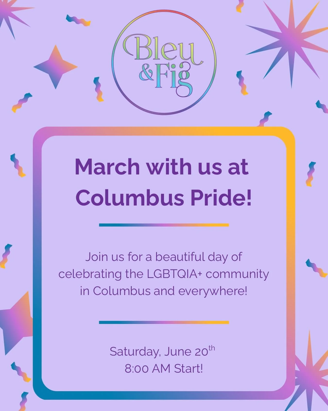 We could not be more honored to be part of Columbus Pride this year! 🌈

At Bleu &amp; Fig, we&rsquo;re committed to celebrating, supporting, and uplifting the LGBTQIA+ community 365 days a year, but we&rsquo;re especially excited to come together wi