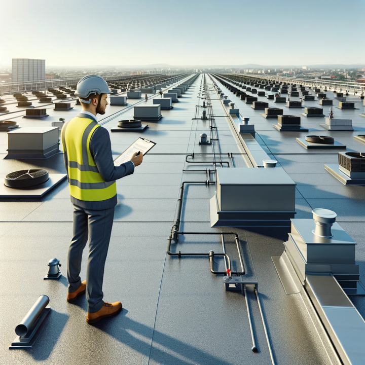 A man wearing a safety helmet and vest with a clipboard, inspecting a large rooftop with multiple HVAC units and vents.