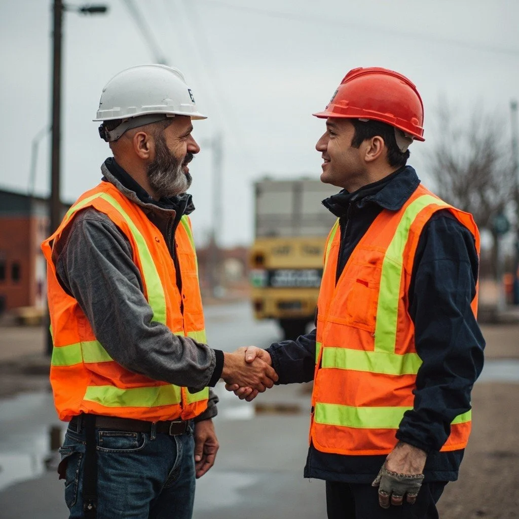Two construction workers shaking hands on a construction site, wearing safety helmets and reflective vests.