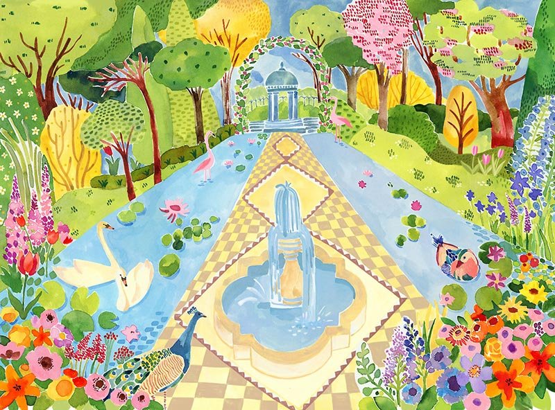 garden scene with swans