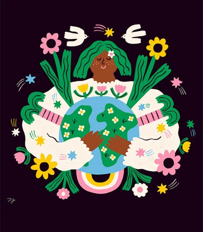 girl holding planet earth surrounded by flowers