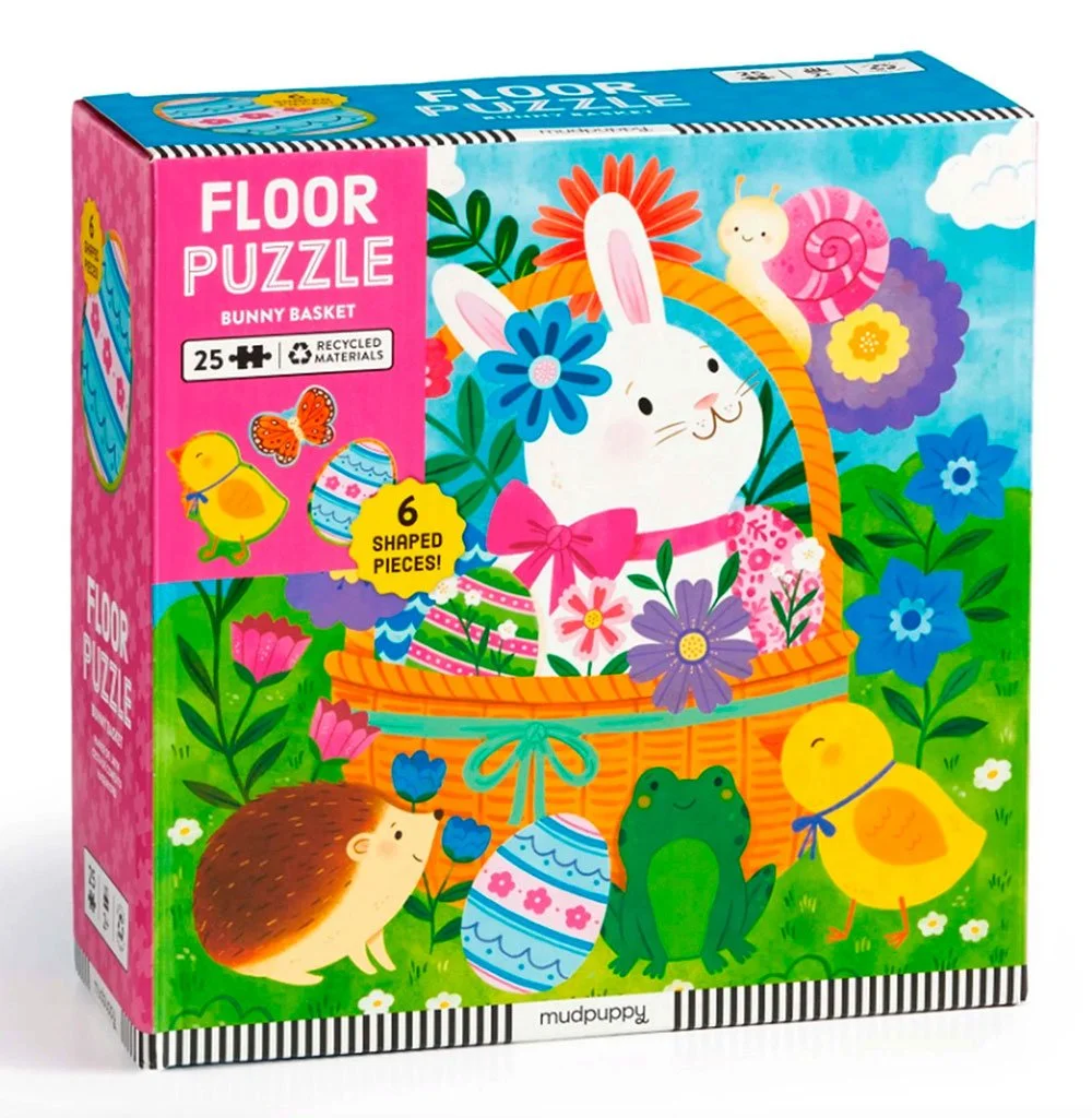 floor puzzle box featuring colorful illustration of a bunny sitting in an easter basket