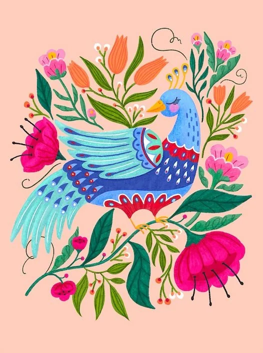 Fancy bird surrounded by colorful blooms