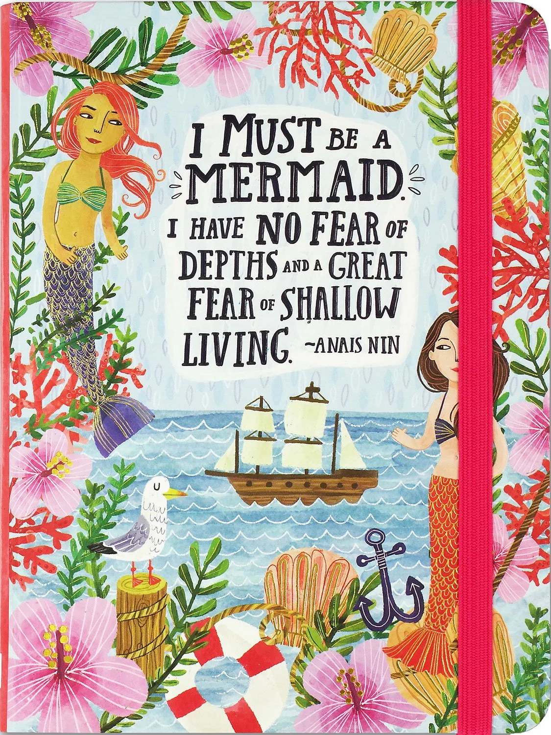 hard cover journal of an ocean scene surrounded by coral, kelp, and mermaids